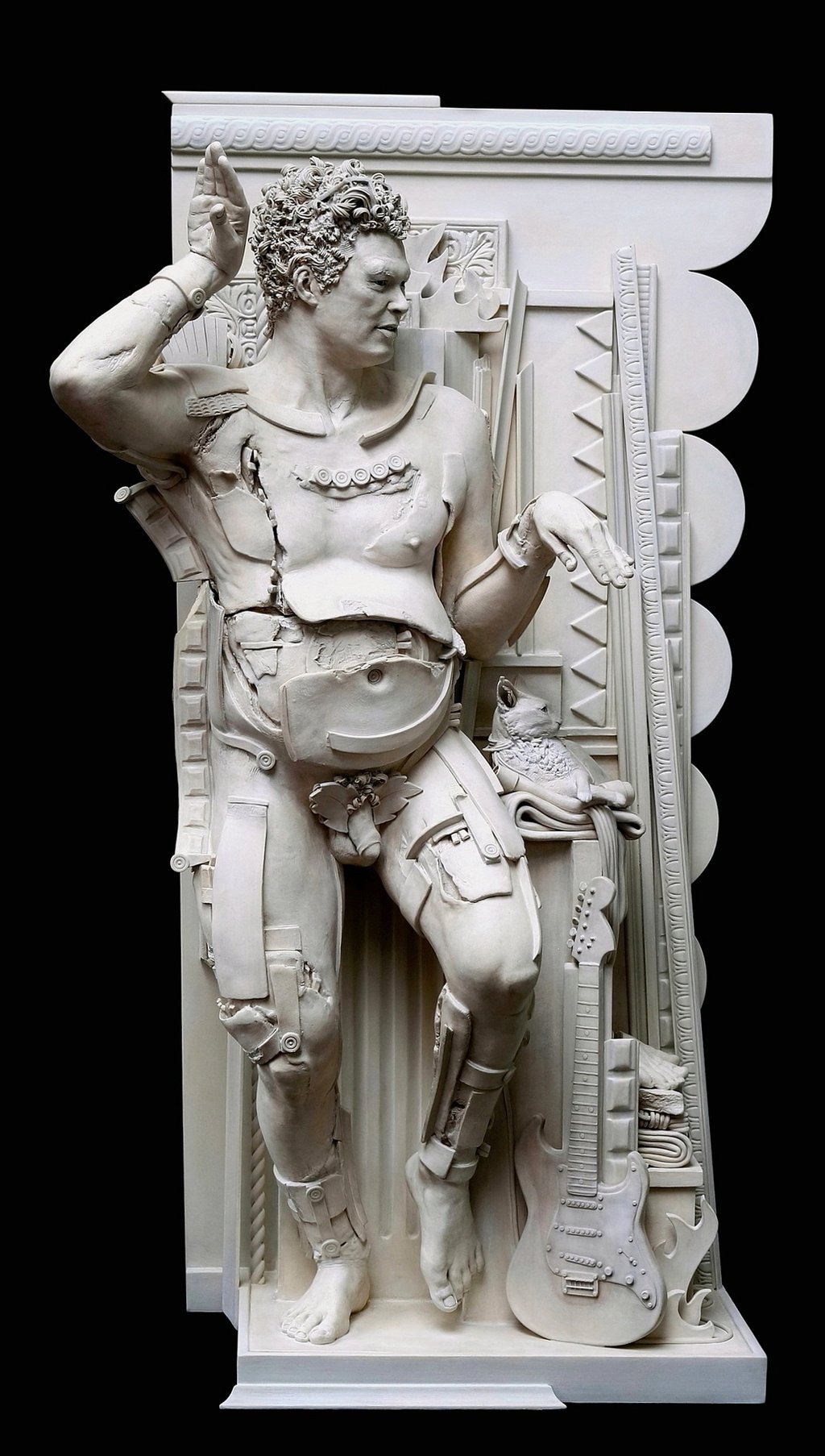 Ceramic sculpture of fragmented dancing satyr with cat and guitar.