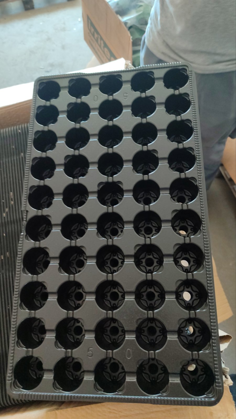 Crna plastična posuda za sadnice sa 50 ćelija za stakleničko vrtlarstvo i razmnožavanje biljaka.