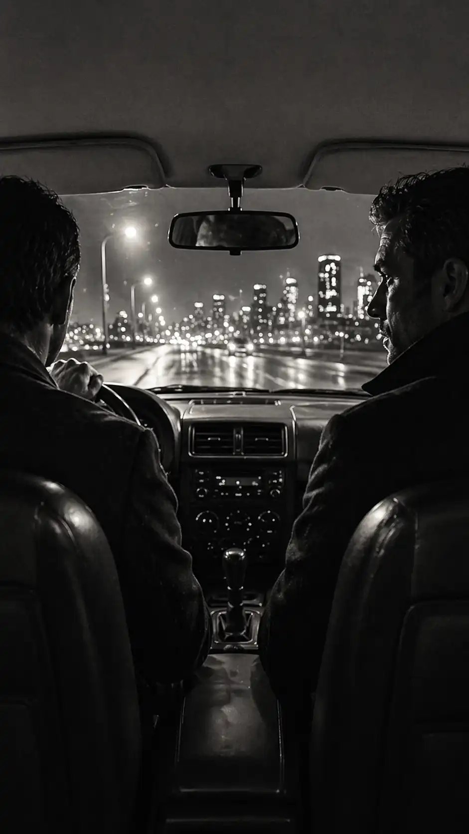 Black and white cinematic scene of two men driving at night through a city, suggesting tension and c