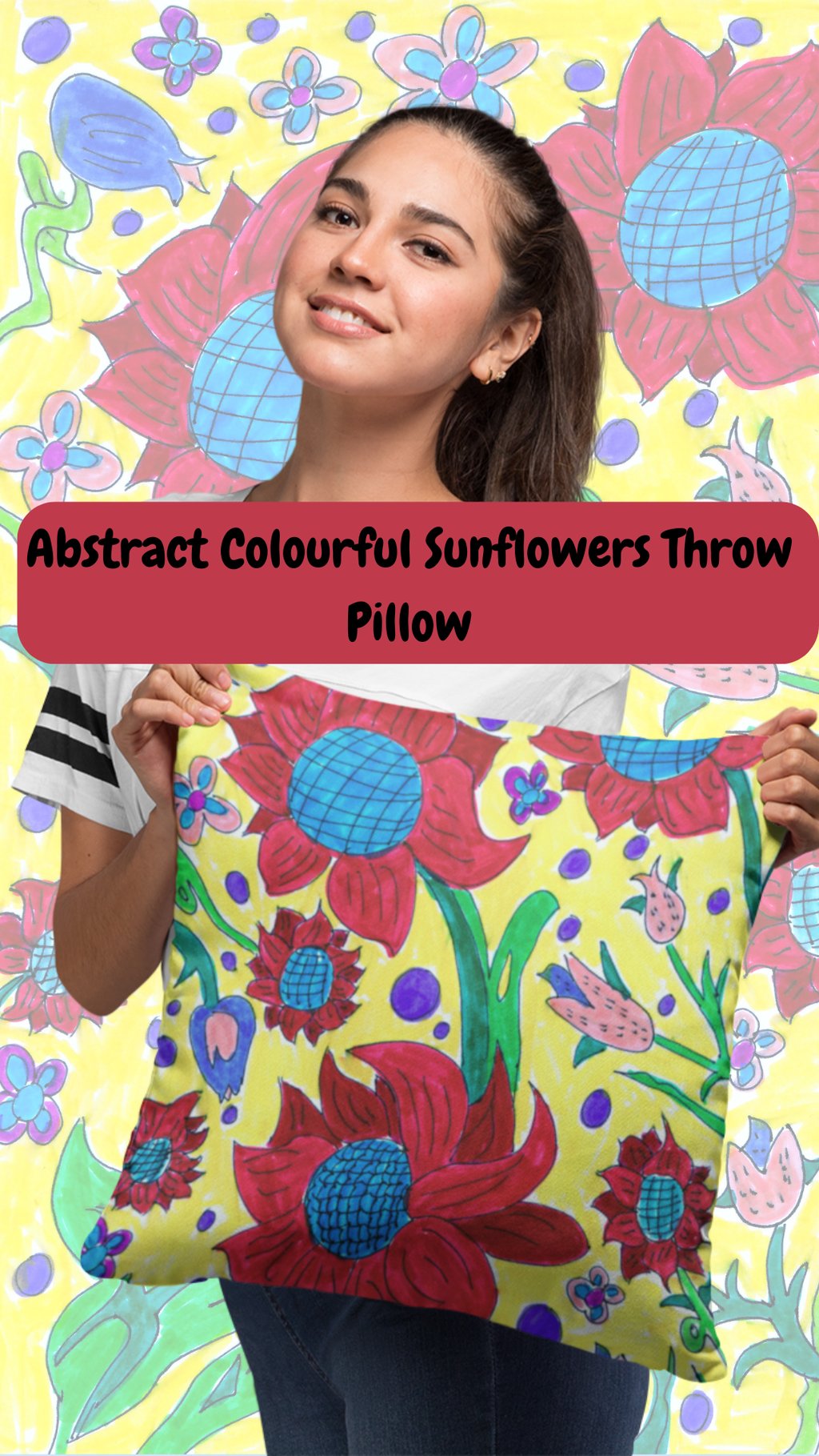 a woman holding a pillow with a colorful flower pattern