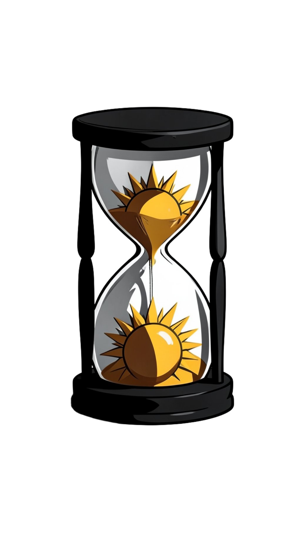 Minimalist illustration of a black hourglass containing suns instead of sand on a white background.