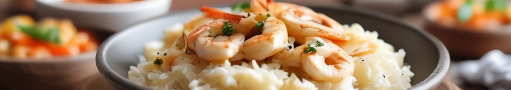 um prato com arroz e molho de camarão com tilápia