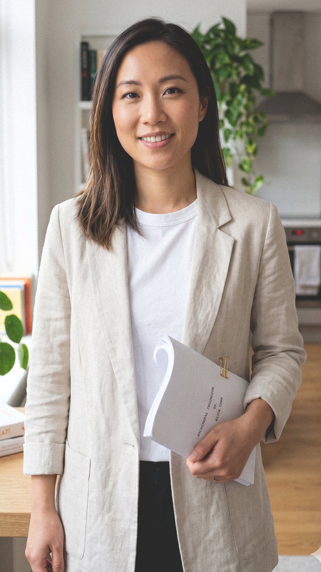 Smiling Asian professional woman in a beige blazer holding a screenplay in a modern office.