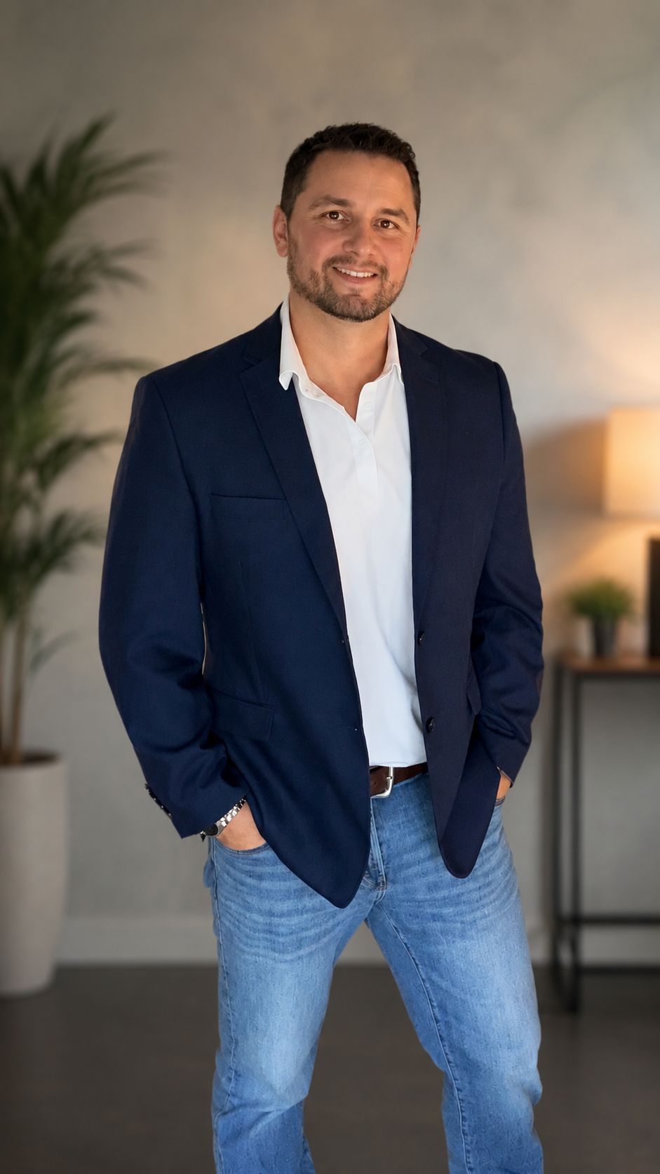Professional male business portrait wearing a navy blazer and jeans in a modern office setting.