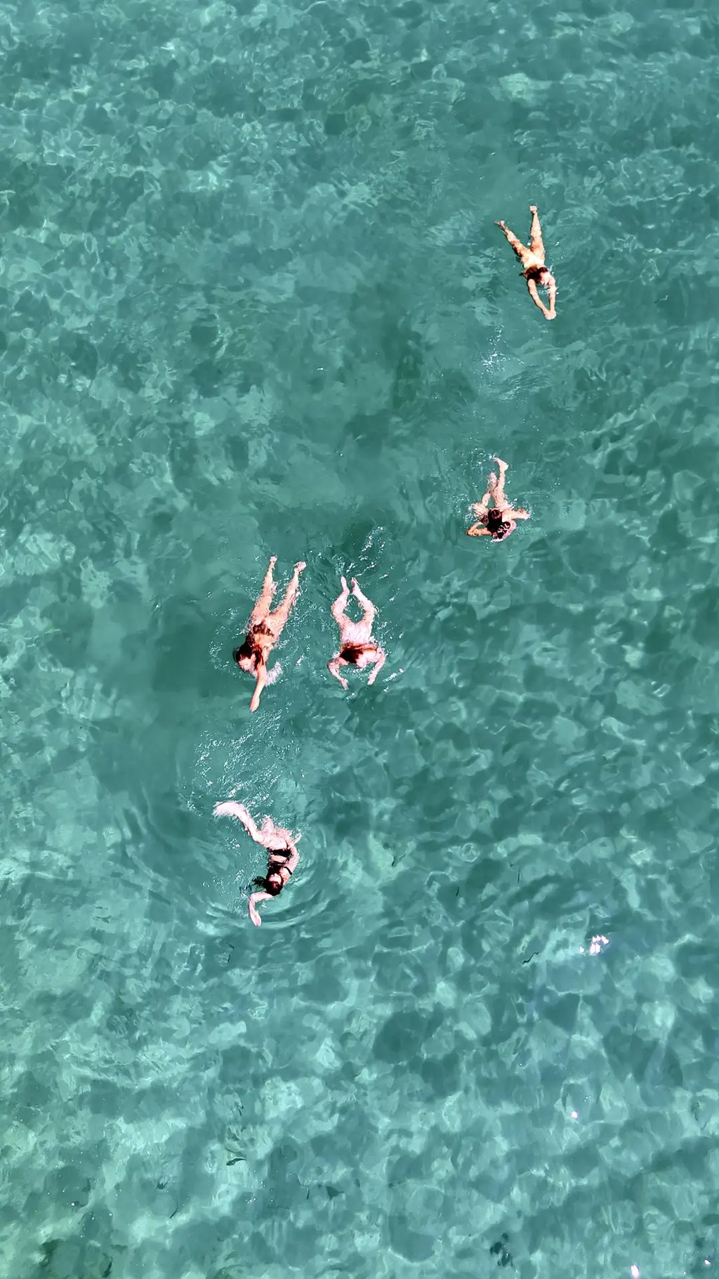 Aerial view of girls swimming and snorkeling in a bay near Milna on Brac during a private boat tour from Split, Croatia