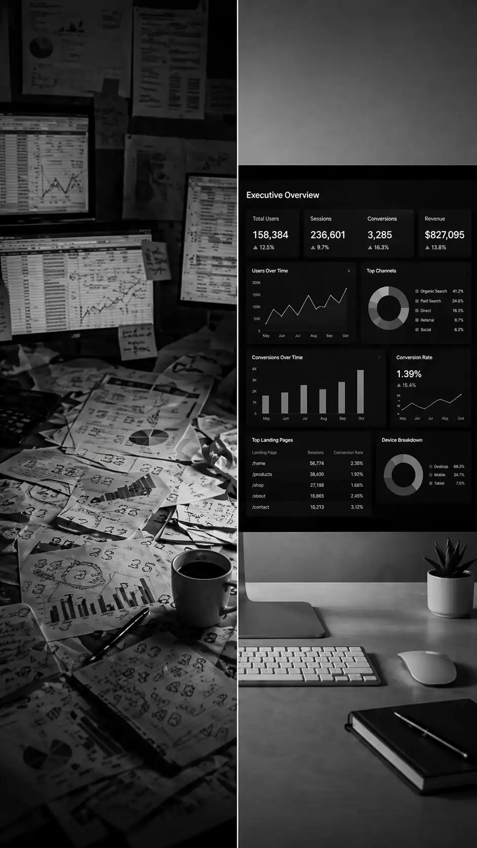 Messy data transforming into a clean dashboard in black and white