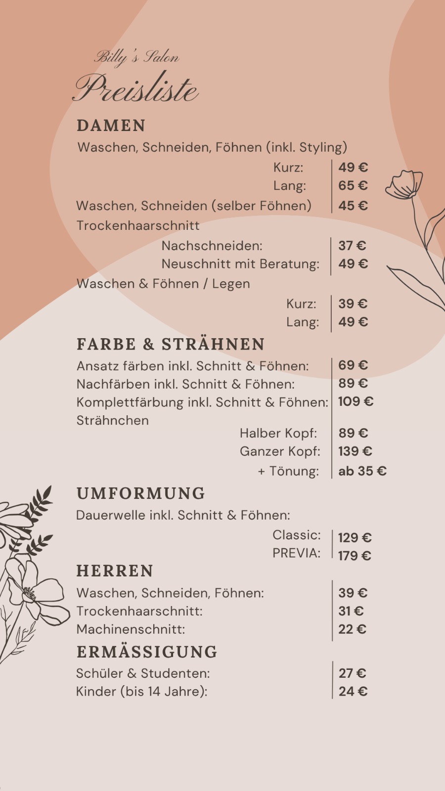 Billy's Salon Preisliste showing prices for women's haircuts, hair coloring, and men's styling services.