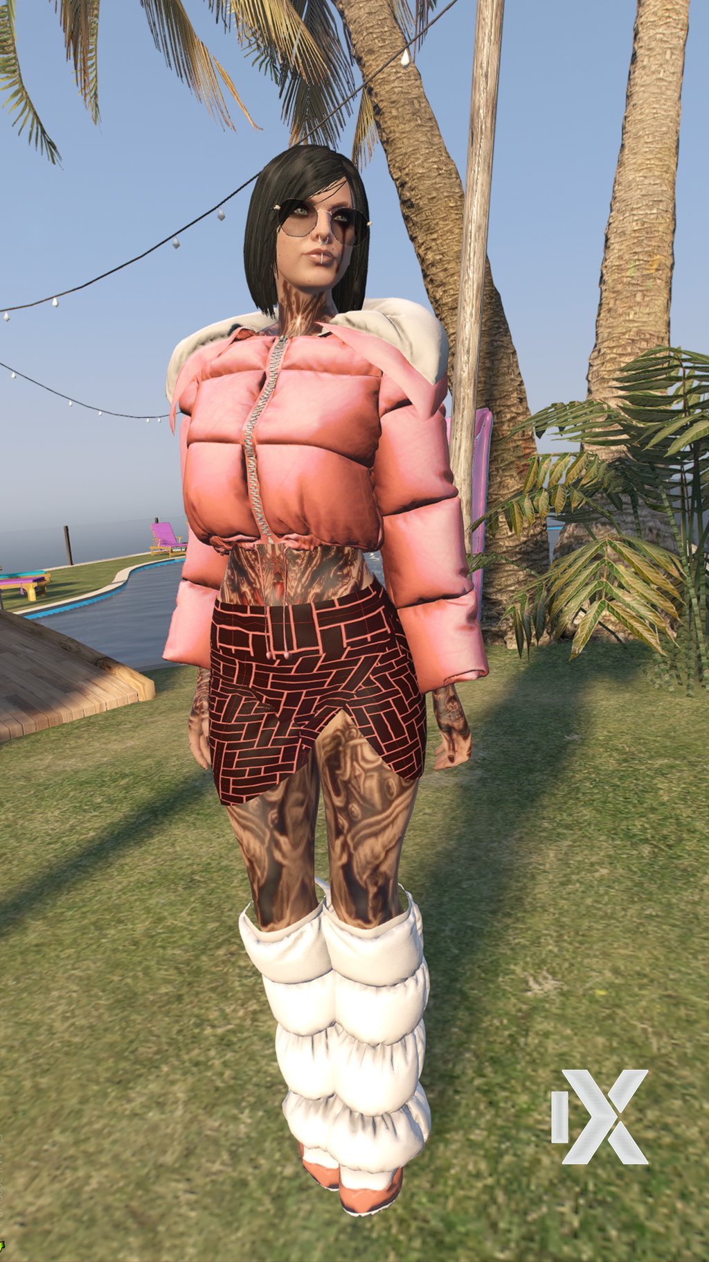 a woman in a pink outfit is standing in the grass