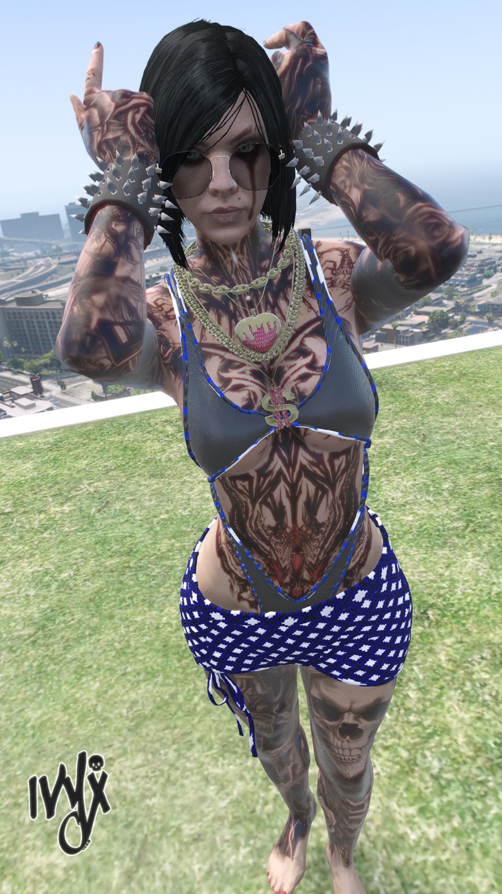 a woman with tattoos on her chest