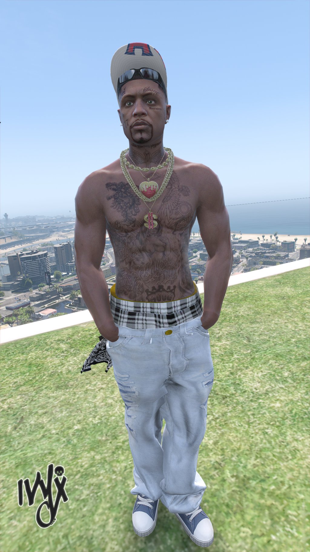 a man with a shirtless shirt and a hat