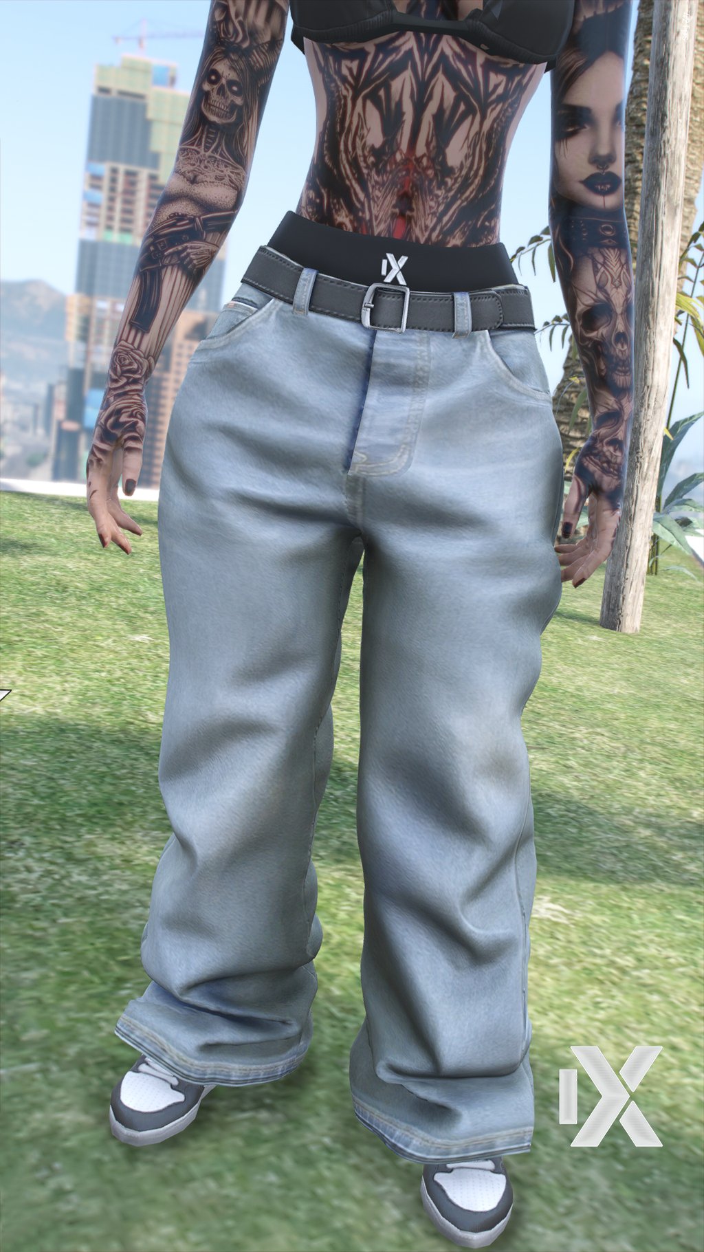 a woman with tattoos on her chest and chest