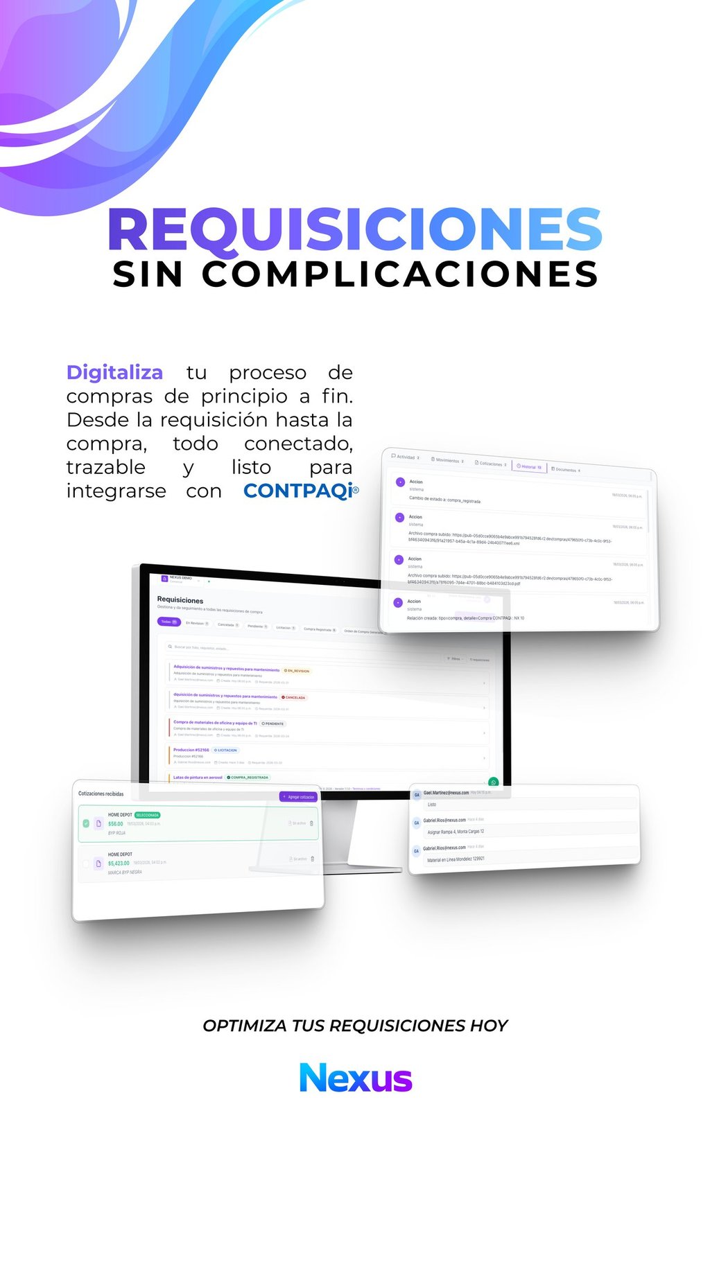 Software de gestión de requisiciones Nexus integrado con CONTPAQi para digitalizar procesos de compra empresariales.