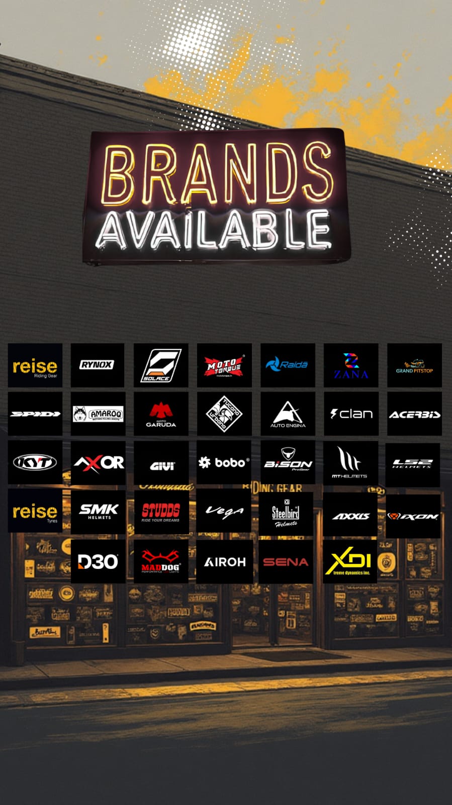Neon sign reading Brands Available above logos for motorcycle gear brands like Rynox, SMK, and Axor.