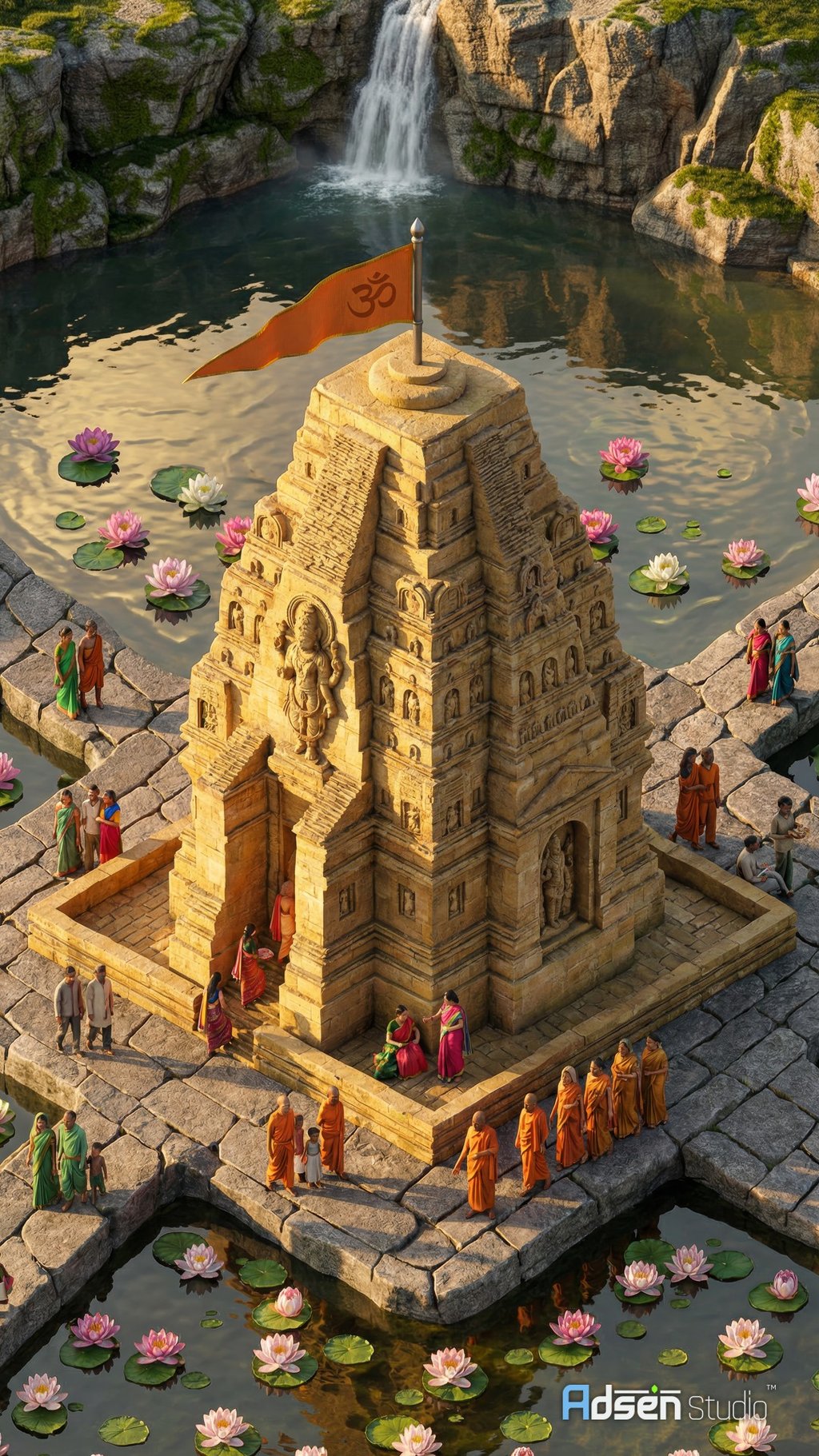 3D AI-assisted artwork of an ancient Shikhara-style Vishnu temple with a saffron flag.