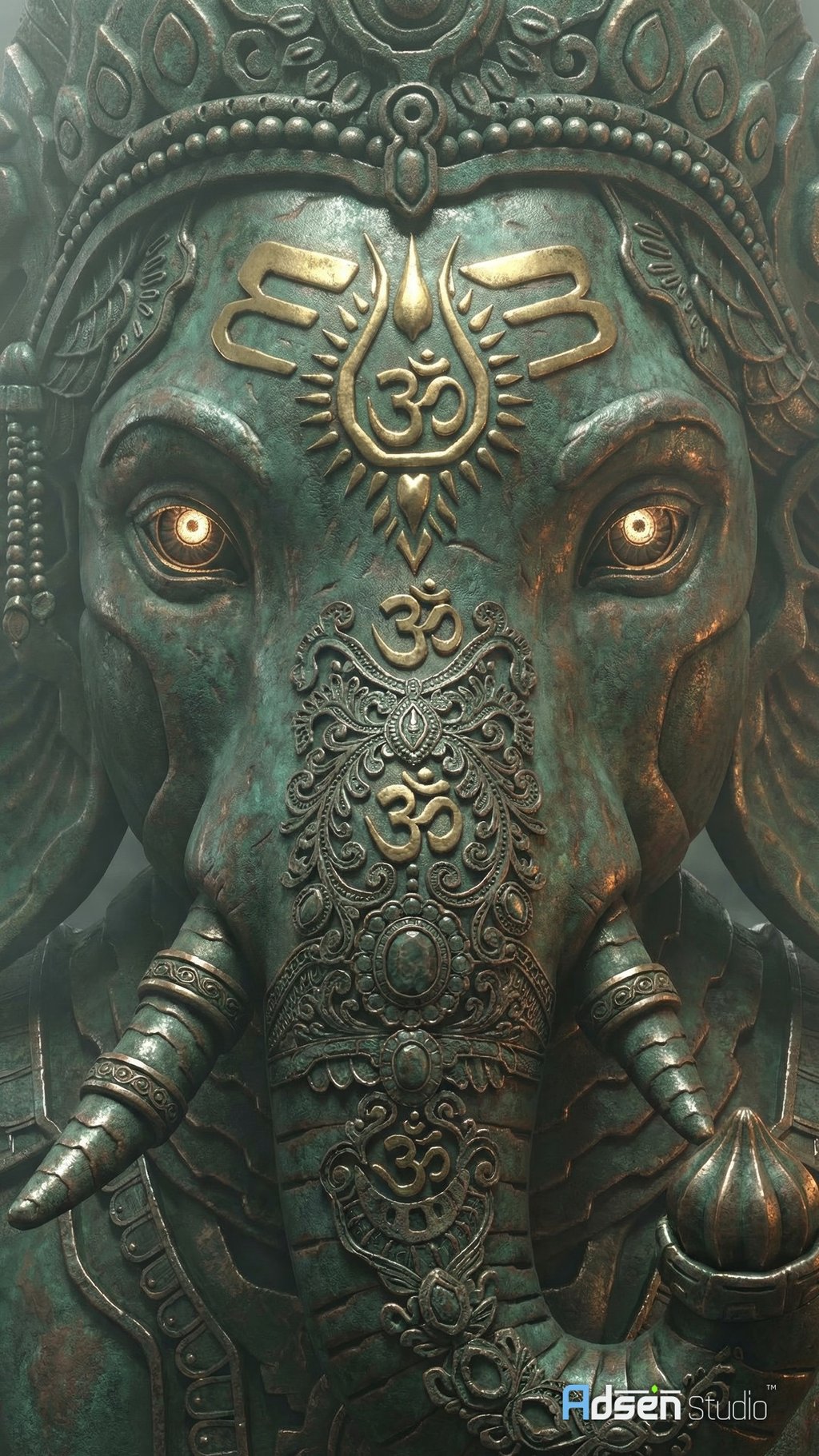 Hyper-realistic 3D AI-assisted artwork of a colossal metallic Ganesha statue.