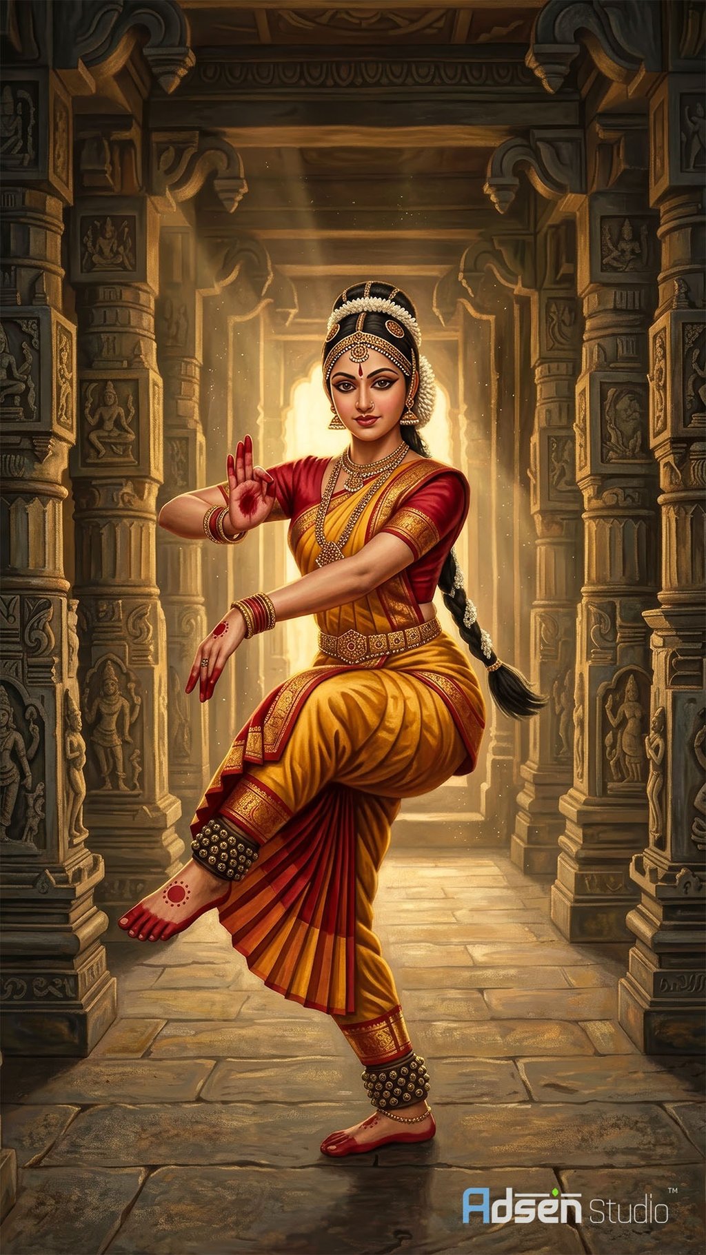AI-assisted fine art painting of a Bharatnatyam dancer in a red and gold saree. 