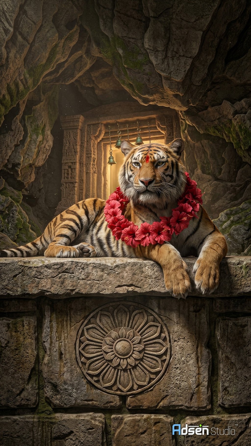 A photorealistic 3D render of a majestic Bengal tiger, the Vahana of Mata Sherawali (Goddess Durga),