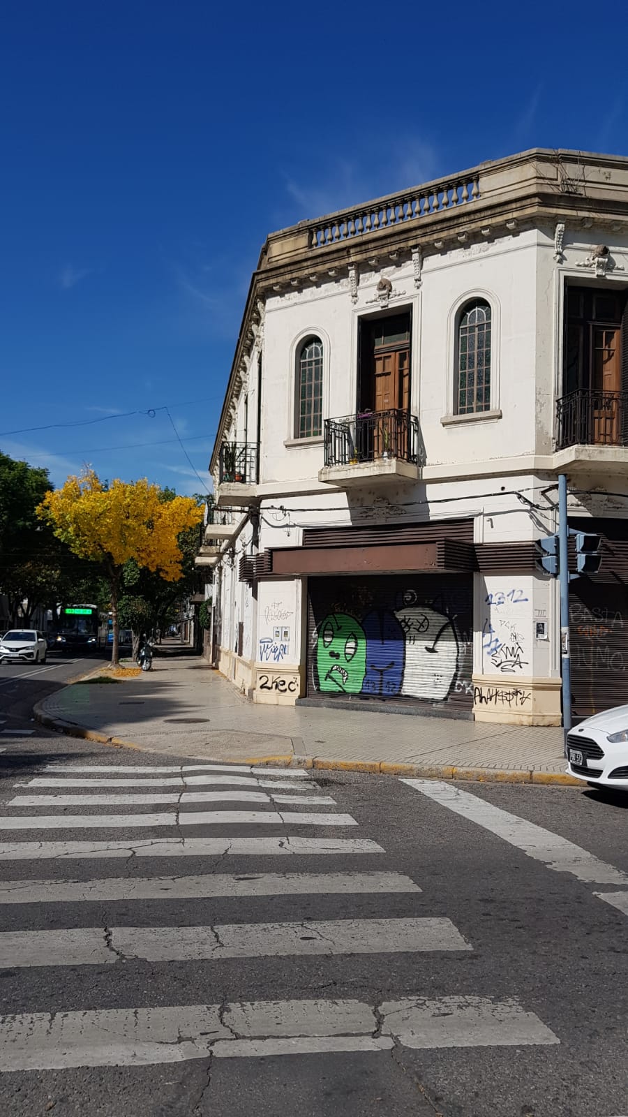 Front of the Spanish school in Rosario with graffiti and a tree with yellow leaves