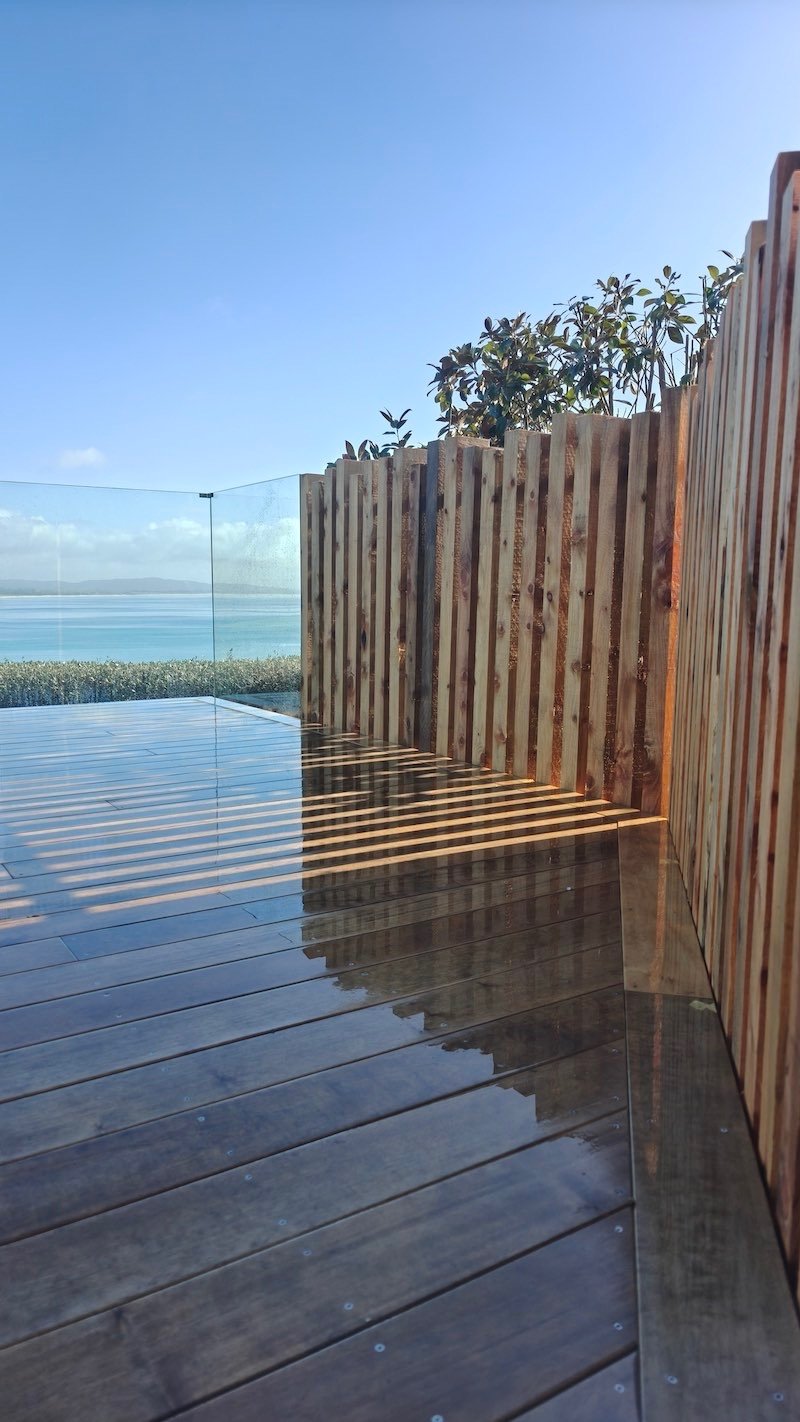 Custom macrocarpa balustrade Langs Beach - CHR Builders