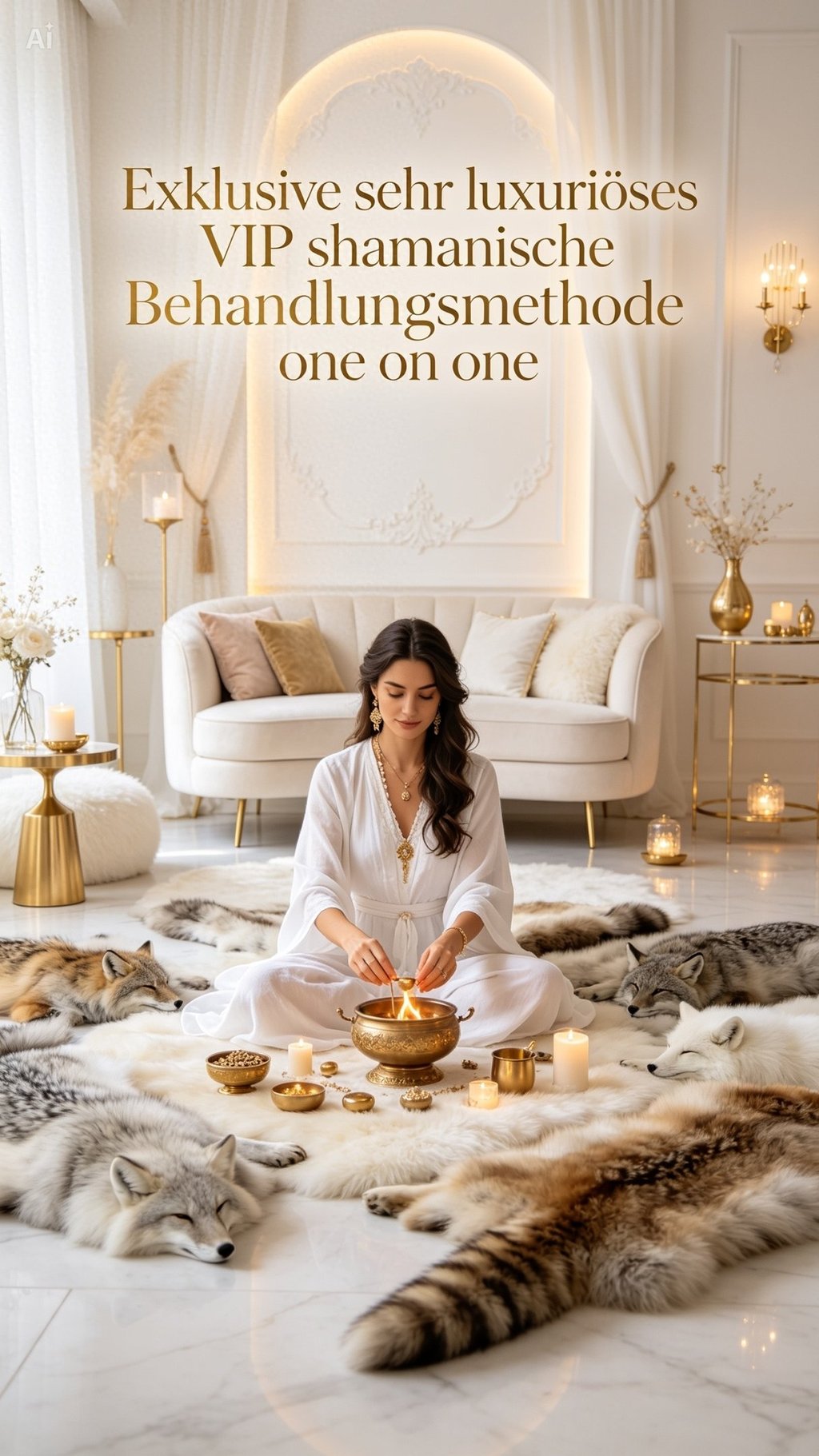 A woman performs a luxury shamanic healing ritual with golden bowls and candles surrounded by wolves.