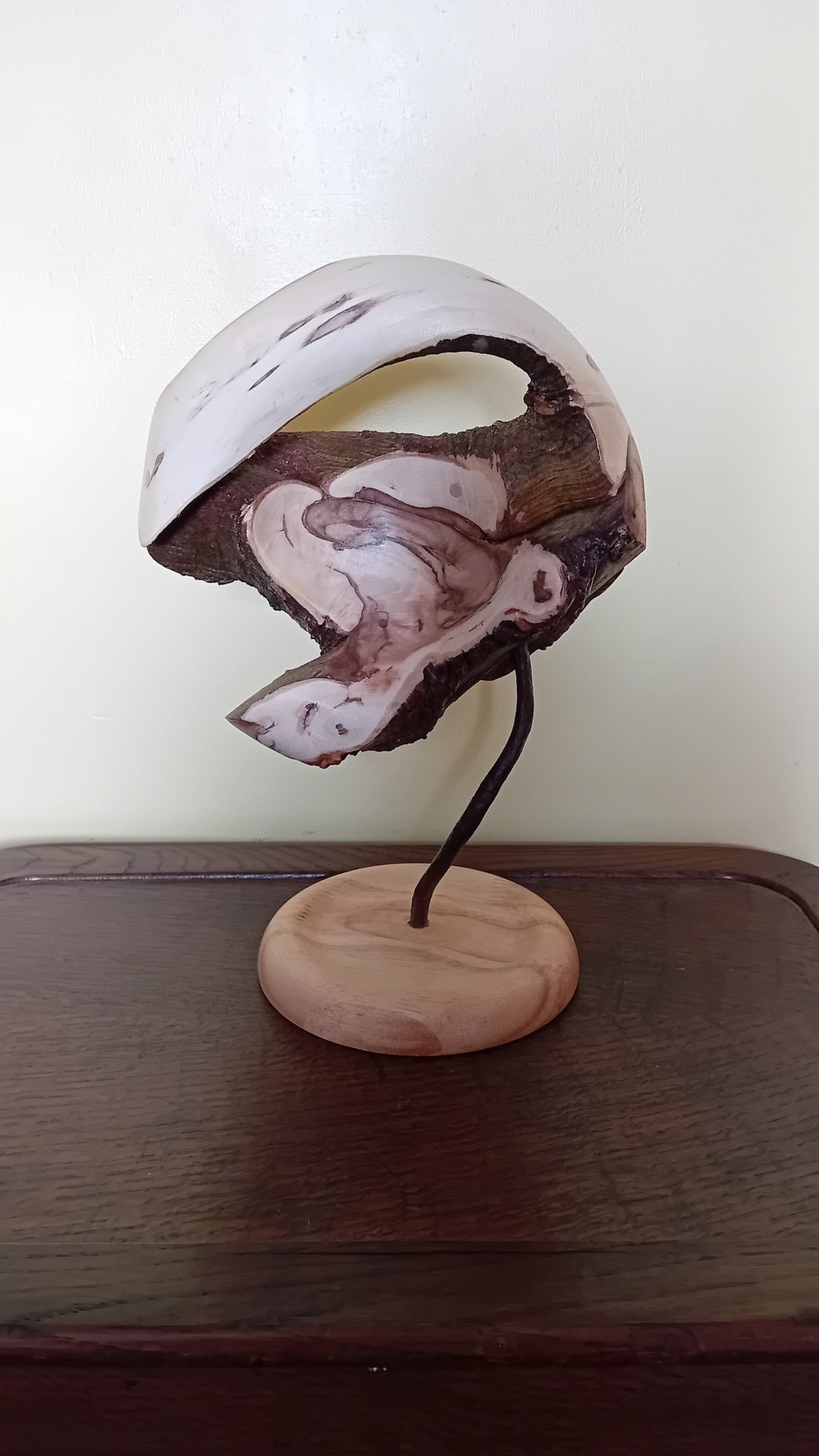 Sculpture of turned ivy branches mounted on a rusted bar on a flat turned oak stand