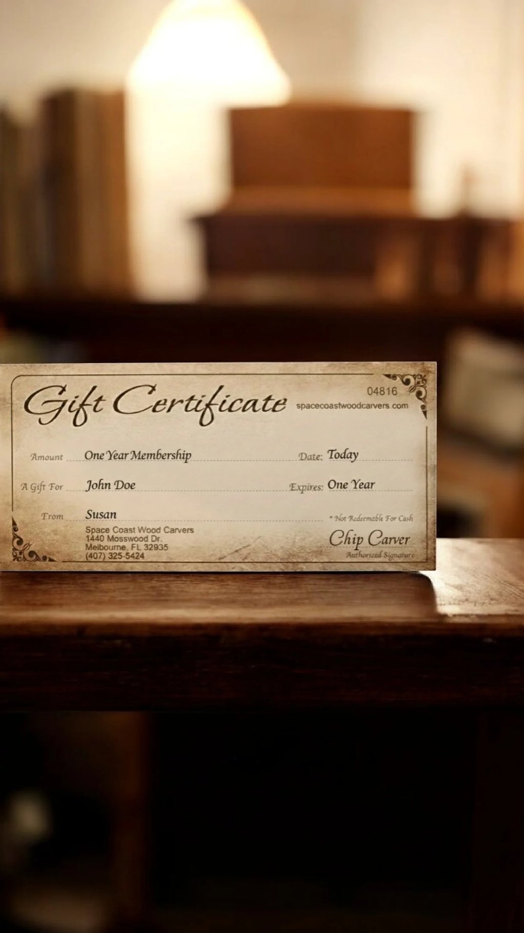 Annual wood carving club membership gift certificate.