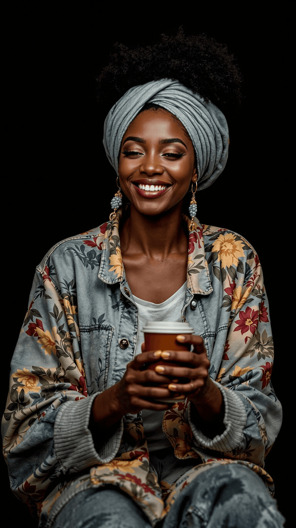 image of African American women in headwrap, cardigan with flowers design holding a coffee cup