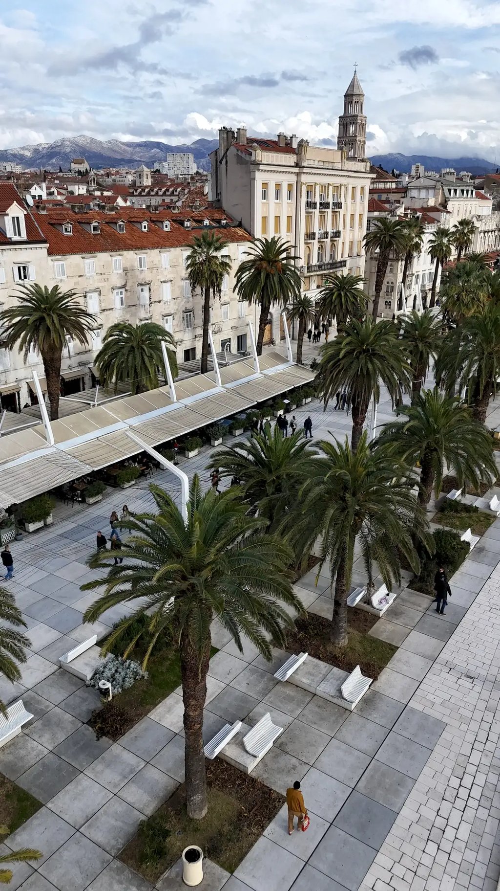 Aerial photo of Riva, Diocletian palace and Saint Domnius Cathedral, Split.