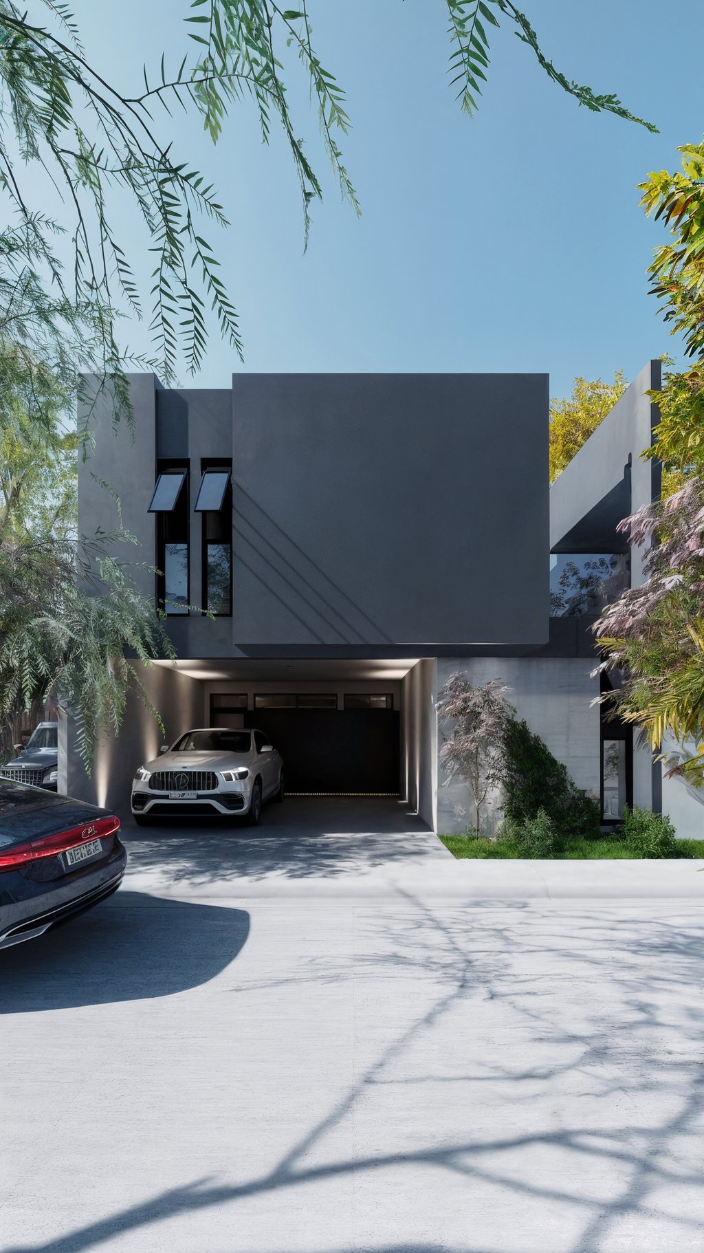 Modern dark grey minimalist house exterior with a white luxury SUV parked in the concrete garage.