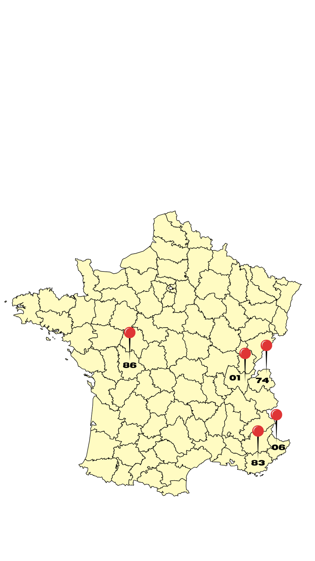 carte de France avec les lieux d'actions, vienne, Côte d'Azur, Ain, Haute-Savoie