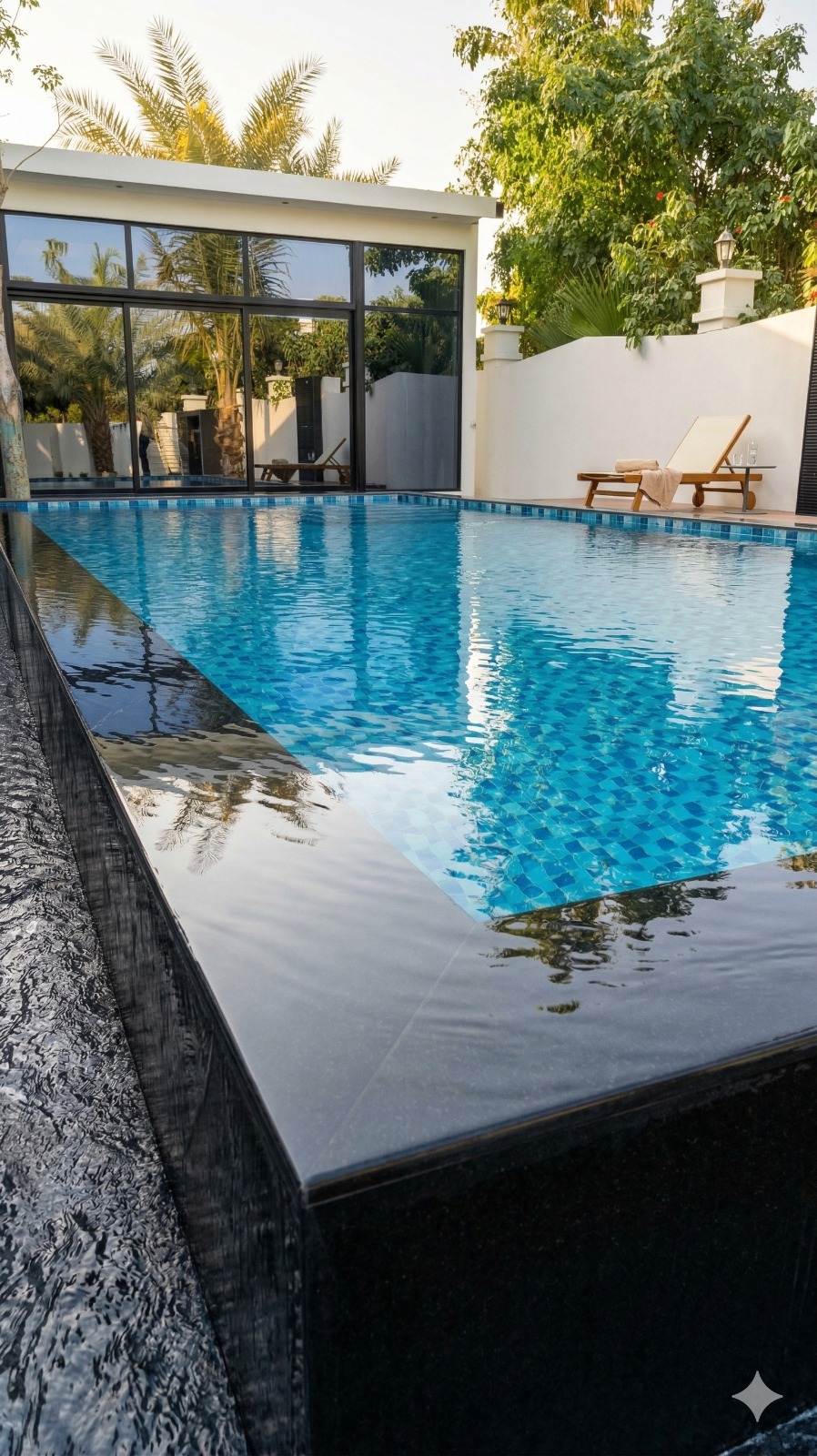 Luxury infinity pool with blue mosaic tiles and black granite overflow edge at a modern villa.