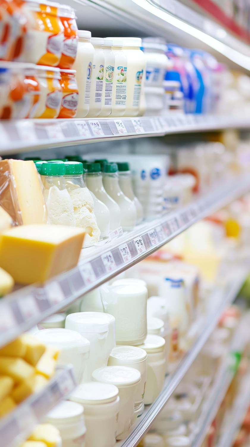 Supermarket refrigerated aisle stocked with various dairy products, cheese, and milk containers.