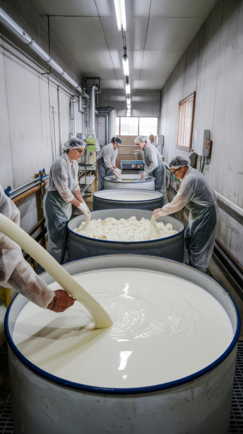 Dairy factory workers in protective gear processing fresh cheese curds in large vats.