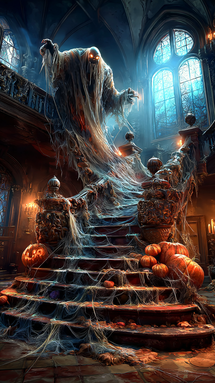 ghost on stairs in a haunted mansion on halloween 