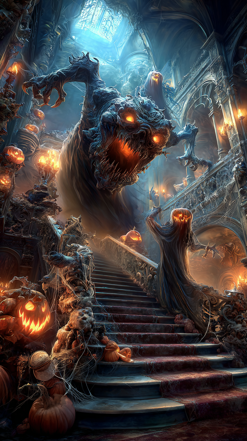 ghouls on stairs in a haunted mansion