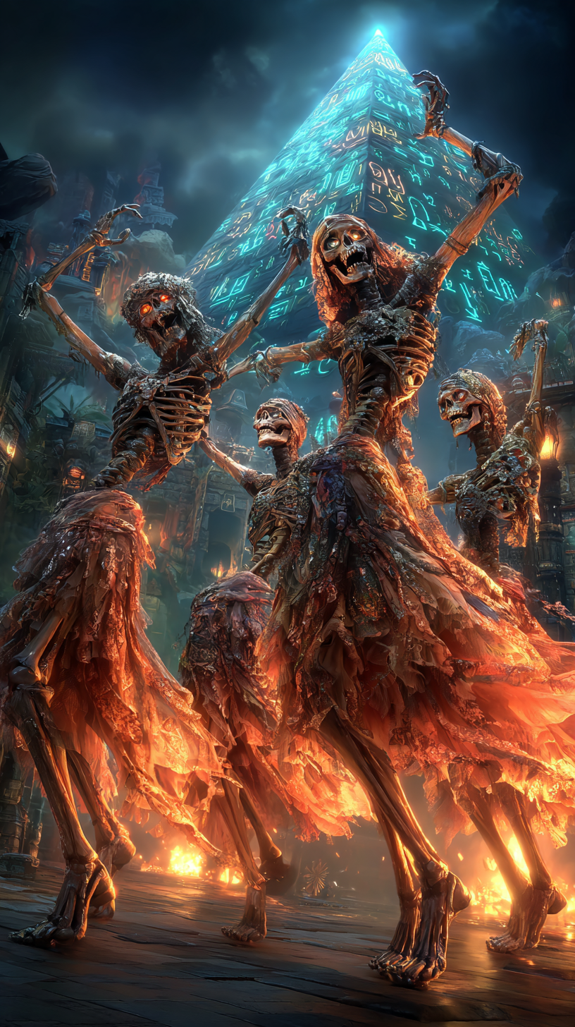 halloween skeletons dancing in the moon light