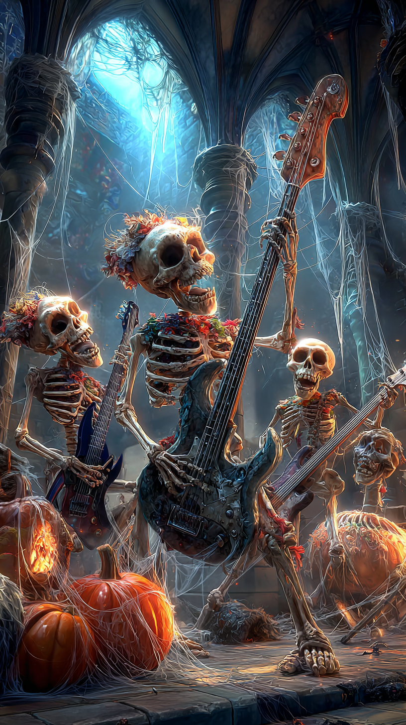 spooky skeletons playing dance music