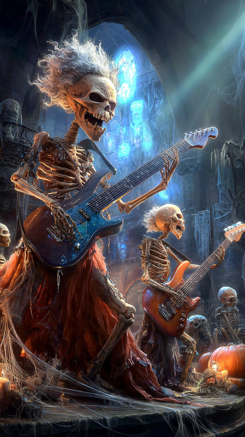 skeletons playing guitar on a stage