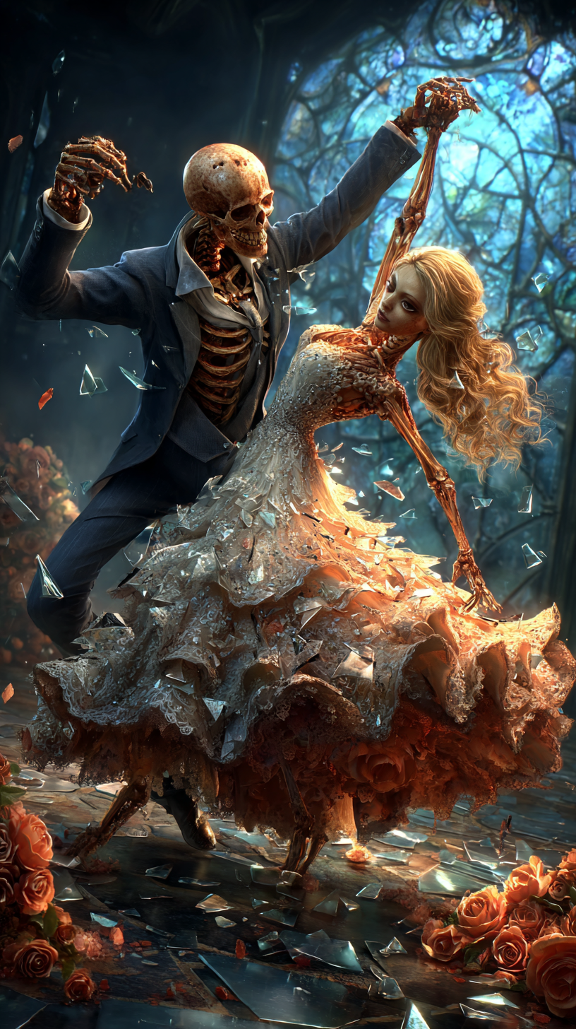 skeletons and ghouls dancing in the moon light