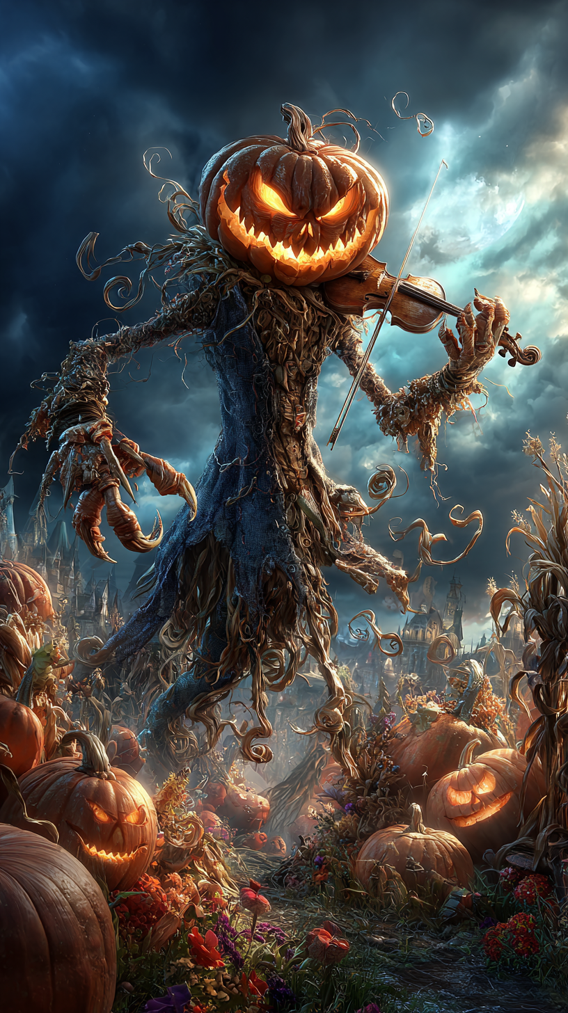 pumpkin king violin player in a pumpkin patch 