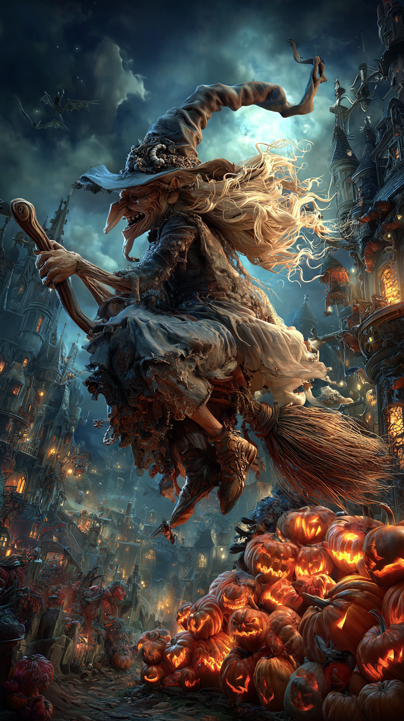 witch flying on a broom on a spooky halloween night with pumpkins