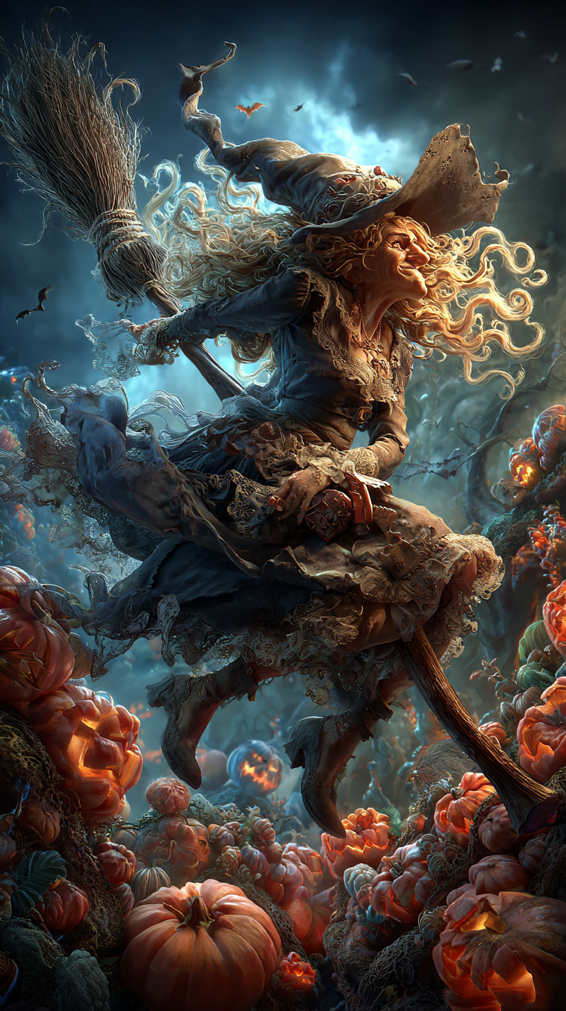 witch flying on her broom to music