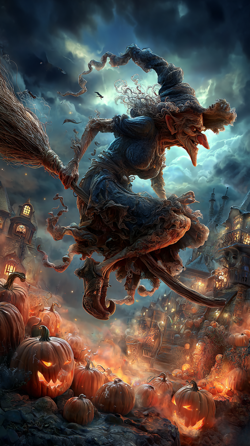 witch on a broom flying over a pumpkin patch 