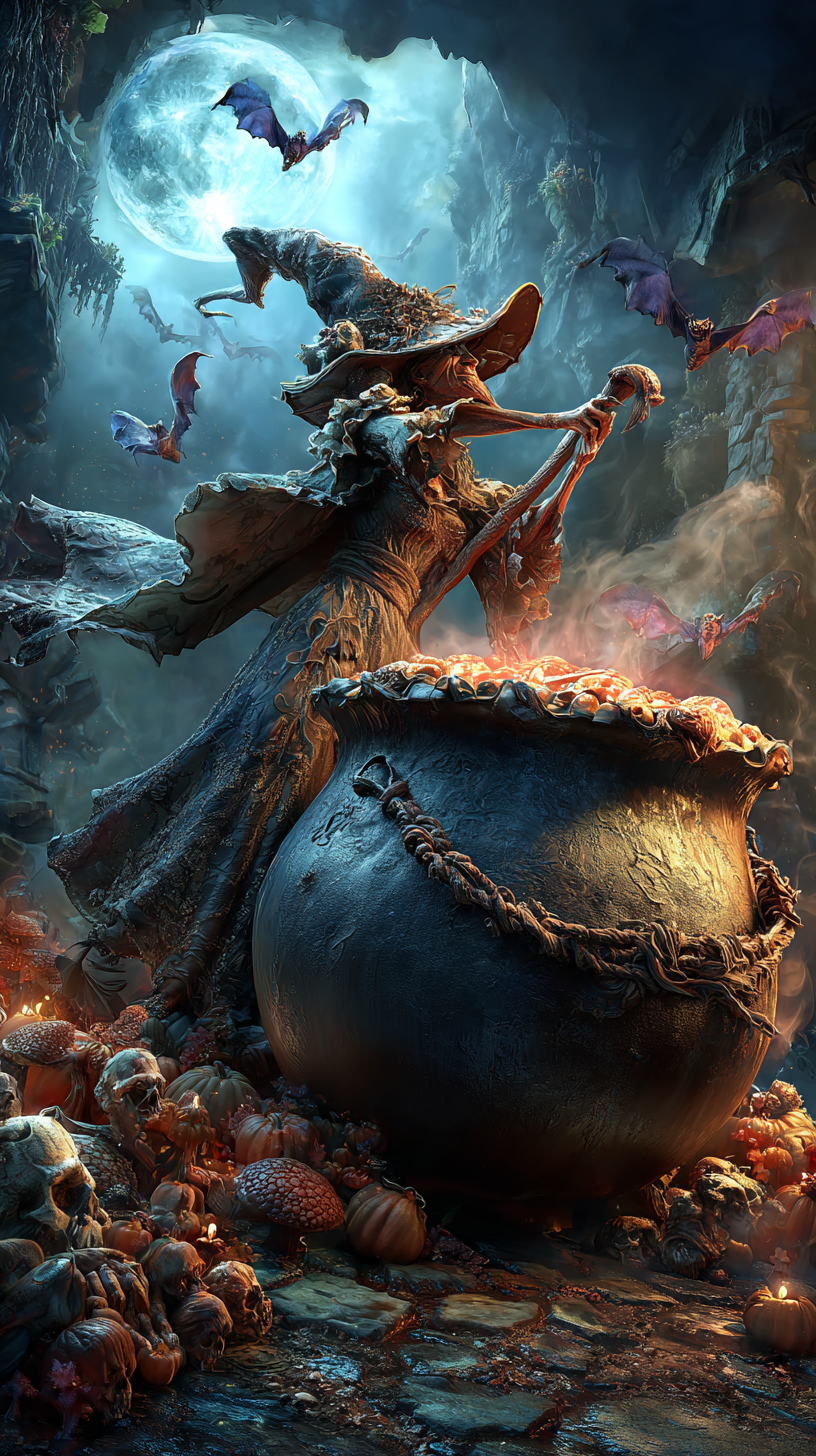 witch stirring her caldron on a moonlit night