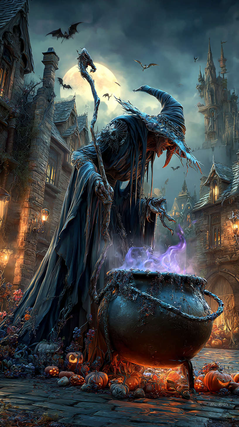 witch with a boiling caldron in a spooky scene 