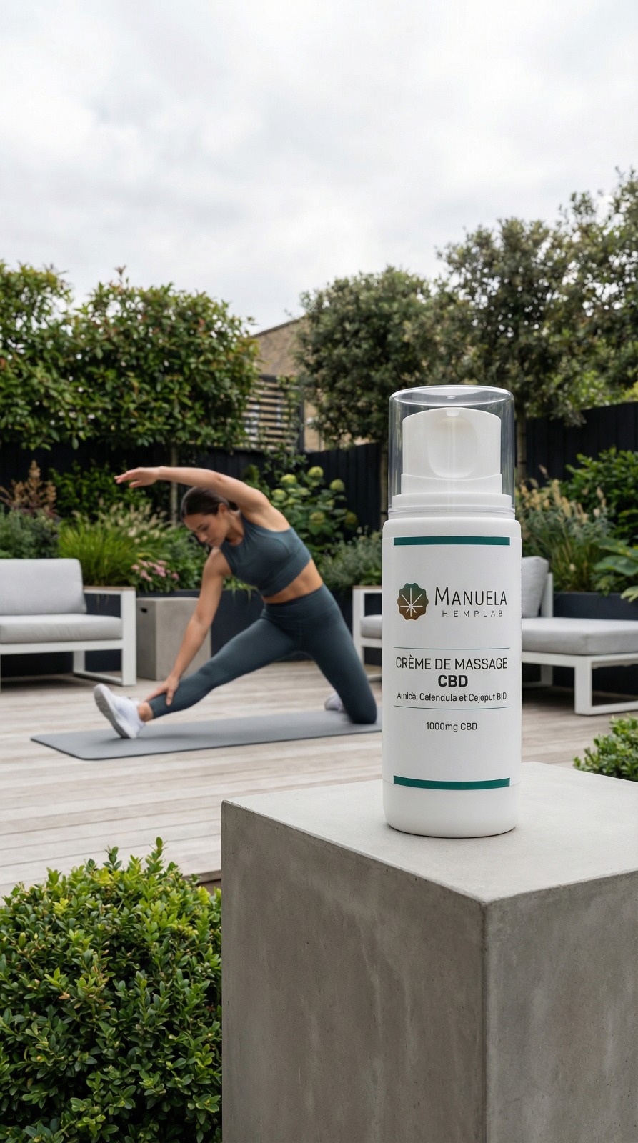 CBD massage cream bottle on a patio with a woman doing yoga stretches for muscle recovery.