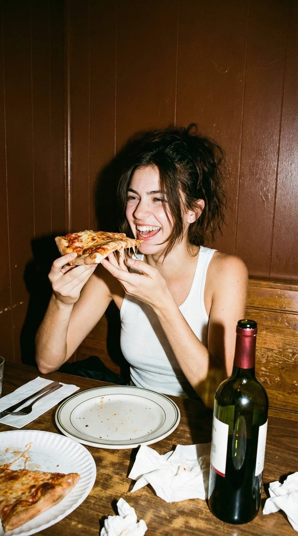A happy young woman eating a slice of cheesy pepperoni pizza at a restaurant table with wine.