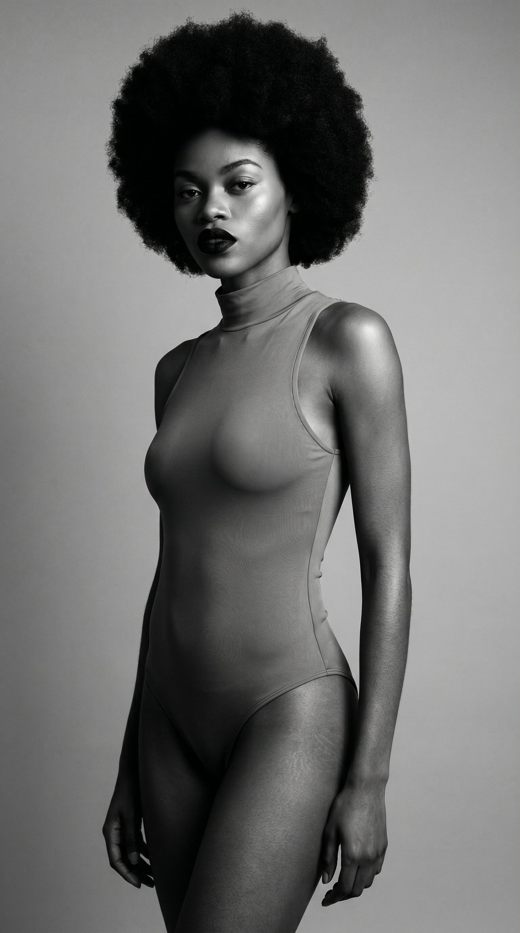 Black and white portrait of a Black woman with a natural afro hairstyle wearing a sleek bodysuit.