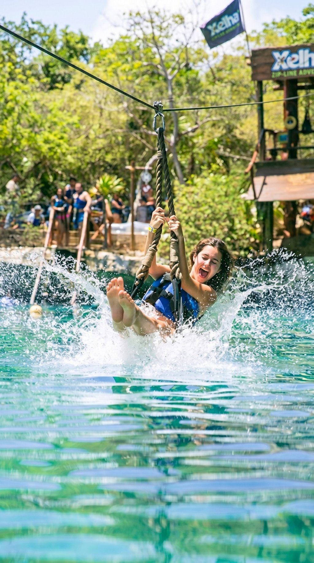 mujer en tirolesa parque xel ha xcaret