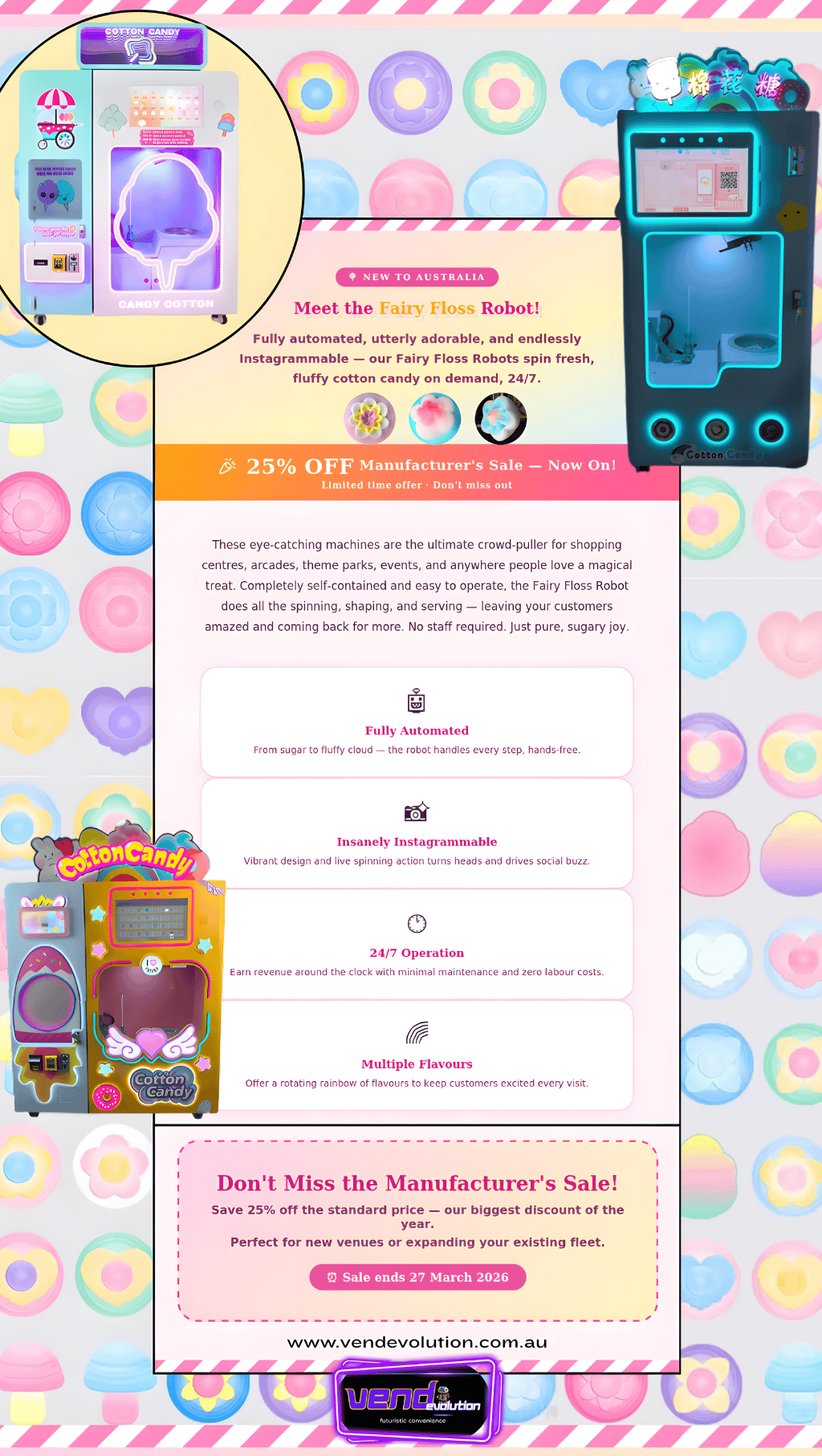 advertisement for fairy floss cotton candy robot machines with bright coloured fairy floss shapes
